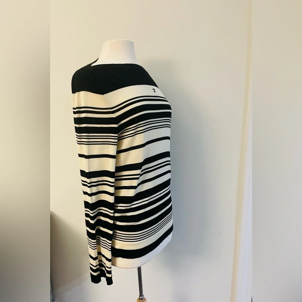 Chanel Classic VTG Black Ivory Stripe COTTON Sweater Size EU 44